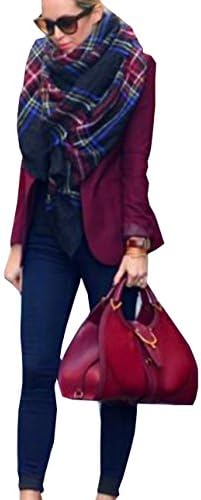 BLOGGERS CHIC LARGE RED CAMEL NAVY GREEN PLAID CHECKED TARTAN SCARF WRAP SHAWL