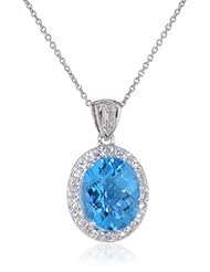 Sterling Silver and Checkerboard Blue Topaz with Created White Sapphire Pendant Necklace 18"