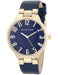 Anne Klein Womens AK/1618NVNV Gold-Tone Case Easy-to-Read Dial Navy Leather Strap Watch