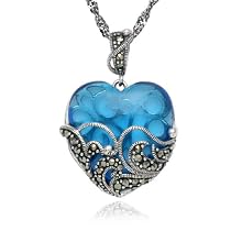 Sterling Silver Marcasite & Blue Glass Heart Pendant, 18"