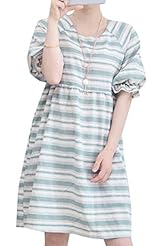 A-line Striped Print Puff Sleeves Cotton Mini Dress 