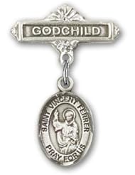 Sterling Silver Baby Badge with St. Vincent Ferrer Charm and Godchild Badge Pin