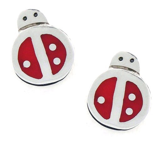 Ladybug w/ Red Inlaid Enamel Post Sterling Silver Earrings