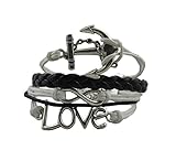 Silver Infinity Anchor Love Charms Leather Rope Knit Wrap Bracelet White Black thumbnail