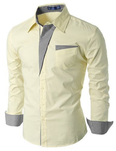 Doublju Mens Casual Pin stripe Patched Pocket Slim Dress Shirts