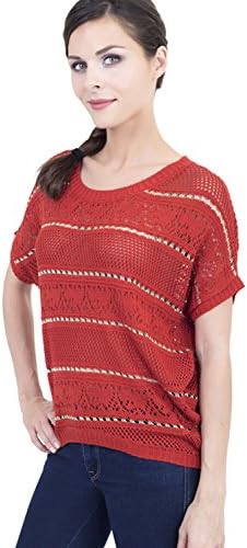 Women short sleeve round neck nets pattern gold thread mixed knit sweater