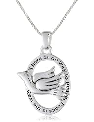 Sterling Silver "There Is No Way To Peace, Peace Is The Way" Oval Pendant Necklace with Dove, 18"