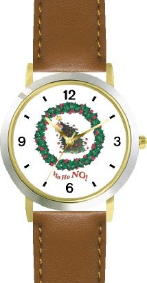 Orange Cat in Christmas Tree Falling in Christmas Wreath - JP - WATCHBUDDY® DELUXE TWO-TONE THEME WATCH - Arabic Numbers - Brown Leather Strap-Size-Large ( Men's Size or Jumbo Women's Size )