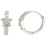 Sterling Silver Tiny Star Huggie Hoop Earrings w/ Brilliant Cut CZ Stones, 3/8" (10mm)