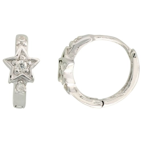 Sterling Silver Tiny Star Huggie Hoop Earrings w/ Brilliant Cut CZ Stones, 3/8" (10mm)