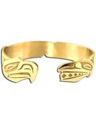14K Yellow Gold Northwest Coast Native American Feathered Eagle Raven Bracelet. Made in USA.
