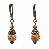Earrings - E375 - Hand Painted Wood Bead and Swarovski (tm) Crystal Beads - Antique Gold Tone