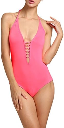 Women Low V-Neck Cut Out Monokini One-Piece Swimwear Solid Rose Red
