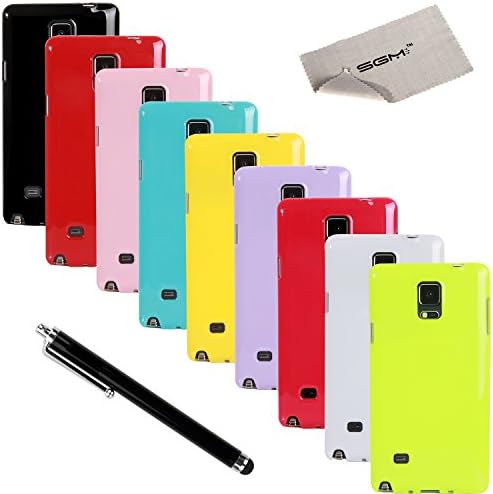 Note 4 Case, SGM (TM) Note 4 Case Bundle Including 9 Flexible Colorful TPU Covers For Samsung Galaxy Note 4 (2014) (Hot Pink/Red/Black/ Green/ White/Light Blue/Yellow/Baby Pink/Purple) + 1 SGM (TM) Microfiber Cleaning Cloth + 1 Black Stylus By SGM