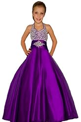 Girls A-line Organza Halter Floor Length Lace Beaded Pageant Dress 
