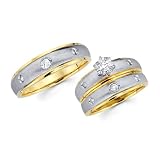 14K Yellow and White 2 Tone Gold Round-cut Diamond Men and Women's Engagement Ring Wedding Band 3 Pieces Set (0.33 CTW., G-H Color, SI1-2 Clarity)