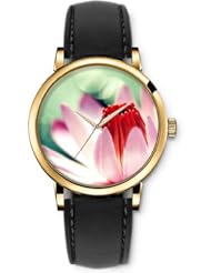 SPRAWL Aanalog Fashion Series Gold Ladies Watches of Genuine Black Leather Strap,Unique Wrist Watch for Women Girls Designed with Flower in bloom