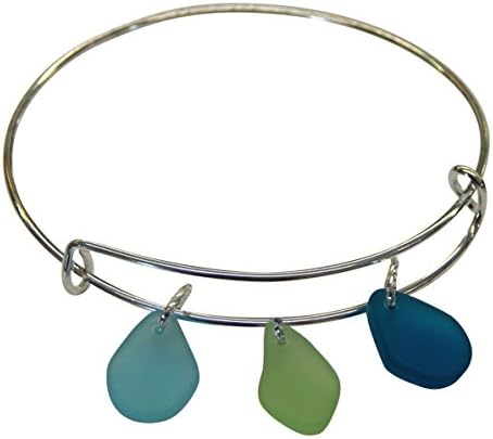 Seaglass Expandable Bangle Bracelet with Teal, Aqua and Light Green Seaglass