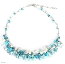 Pearl and blue topaz cluster necklace, 'Rushing River'