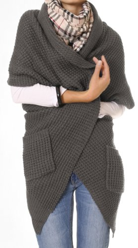 Damen Strickjacke Cardigan Einheitsgröße S-M Poncho Grau, Neu Grobstrick