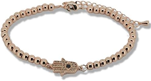 Hamsa Bracelet Evil Eye Charm with 4mm Gold Beads for Women Rose