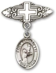 Sterling Silver Baby Badge with St. Bernadette Charm and Badge Pin with Cross