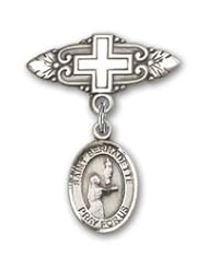 Sterling Silver Baby Badge with St. Bernadette Charm and Badge Pin with Cross. Catholic Saint Bernadette Patron Saint of Against Bodily Ills, Shepherds