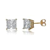 14K Gold Over Silver Vermeil Prong Set Princess Cubic Zirconia CZ Solitaire Stud Earrings (2.5...