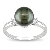 10k White Gold Black Tahitian Cultured Pearl with Diamond-Accent Ring (1/10 cttw, H-I Color, I2-I3 Clarity)