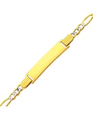 14K Yellow Gold White Pave 3.0mm Baby ID Figaro Bracelet with Lobster Claw Clasp - 6"Inches