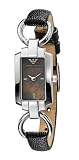 Emporio Armani Ladies Rectangular Case Black Mother Or Pearl Dial Black Leather Strap Watch
