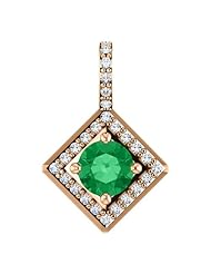 10K Rose Gold 5.00mm Round Cut Emerald and Diamond Pendant