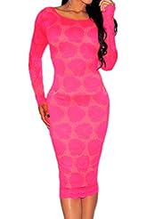 Sexy Illusion Lace Long Sleeves Round Neck Midi Dress 