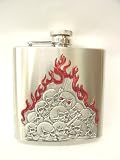  : Stainless Steel Pewter Flaming Skulls Jewel Eyed Hip Flask