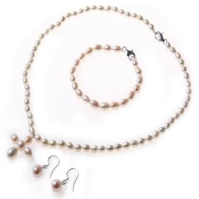 Girl's White Freshwater Cultured Pearl Cross Necklace, 925 Sterling Silver Earring & Bracelet Set