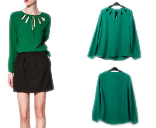 2013 Autumn Chiffon Women Chest Hollow Solid Color Long-sleeved Shirt Top Blouses (L, green)