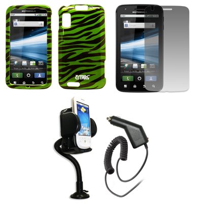 EMPIRE Green and Black Zebra Stripes Design Hard Case Cover + 360 Degree Rotatable Car Windshield Mount with Air Vent Attachment + Screen Protector + Car Charger (CLA) for AT&T Motorola Atrix 4G