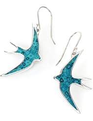 Silver Swallow Jewelry - Turquoise Bird Dangle Earrings - Millefiori Charms - Unique Handmade Gifts