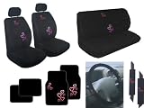 13 Piece Auto Interior Gift Set - 2 Multicolor Red and Pink Hearts Front Low Back Bucket Seat Covers, 2 Multicolor Red and Pink Hearts Head Rest Covers, 1 Multicolor Red and Pink Hearts bench seat Cover, 1 Multicolor Red and Pink Hearts Steering Wheel Cover, 2 Multicolor Red and Pink Hearts Shoulder Harness Pressure Relief Cover, 2 Multicolor Red and Pink Hearts Front Floor Mats, and 2 Plain Black