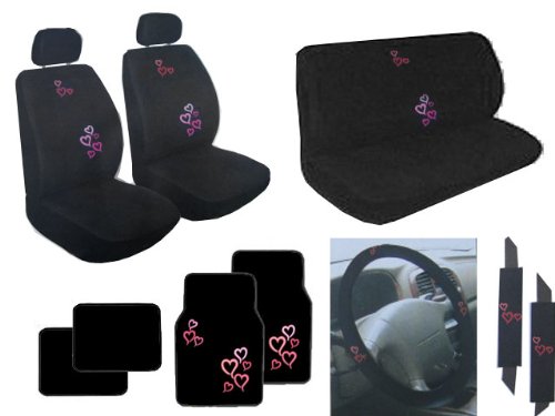 13 Piece Auto Interior Gift Set - 2 Multicolor Red and Pink Hearts Front Low Back Bucket Seat Covers, 2 Multicolor Red and Pink Hearts Head Rest Covers, 1 Multicolor Red and Pink Hearts bench seat Cover, 1 Multicolor Red and Pink Hearts Steering Wheel Cover, 2 Multicolor Red and Pink Hearts Shoulder Harness Pressure Relief Cover, 2 Multicolor Red and Pink Hearts Front Floor Mats, and 2 Plain Black Rear Floor Mats