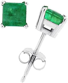 Princess Cut, Emerald Stud Earrings,14Kt White Gold
