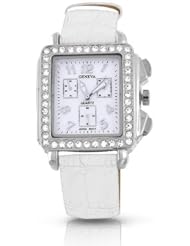 Bling Jewelry Geneva Square Deco White Leather Strap Watch