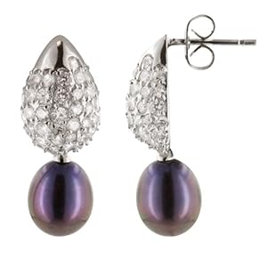 Rhodium Plated Brass Pave Tear Drop Earrings with Peacock Freshwater Cultured Pearls