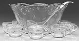 Anchor Hocking Savannah Punch Bowl with 8 Cups ~ Clear Glass with Floral Pa ....