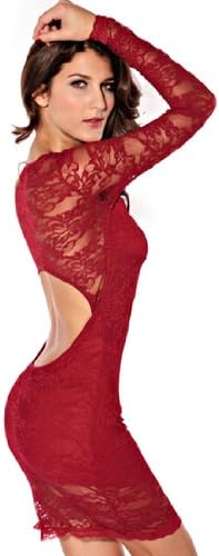 Blooms Sexy Women Lace Long Sleeve Clubwear Minidress (One Size, Red)