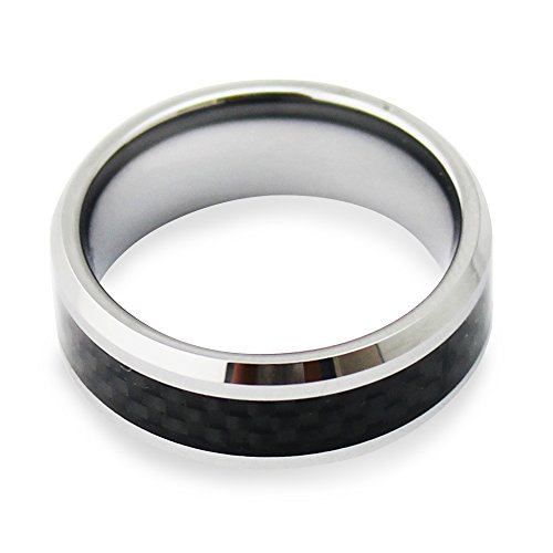 White Titanium Ring with Black Carbon Fiber Check Pattern Inlay Beveled Edges 8mm (7.5)