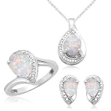 Sterling Silver & Created Opal Diamond Ring, Pendant and Earring Box Set