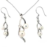 Silver Pearl Necklace Dangle Earring Modern Interlocked Wave Jewelry Set in Gift Box Bucasi SALE