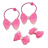 Triple Ribbon Bow Polka Dots Faux Pearl Flower Girls Ponytail Holder Hair Pin Set (4 Pcs) - Various Colors