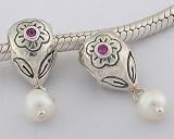 925 Sterling Silver Flower Charm with Dangle Pearl Bead for Pandora, Biagi, Chamilia, Troll and More Bracelets